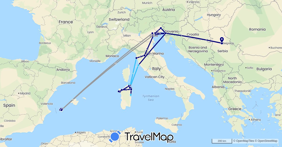 TravelMap itinerary: driving, plane, hiking, boat in Spain, Italy, Serbia (Europe)