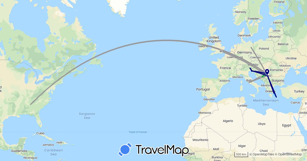 TravelMap itinerary: driving, bus, plane, boat in Bosnia and Herzegovina, Germany, United Kingdom, Greece, Italy, Serbia, Slovenia (Europe)